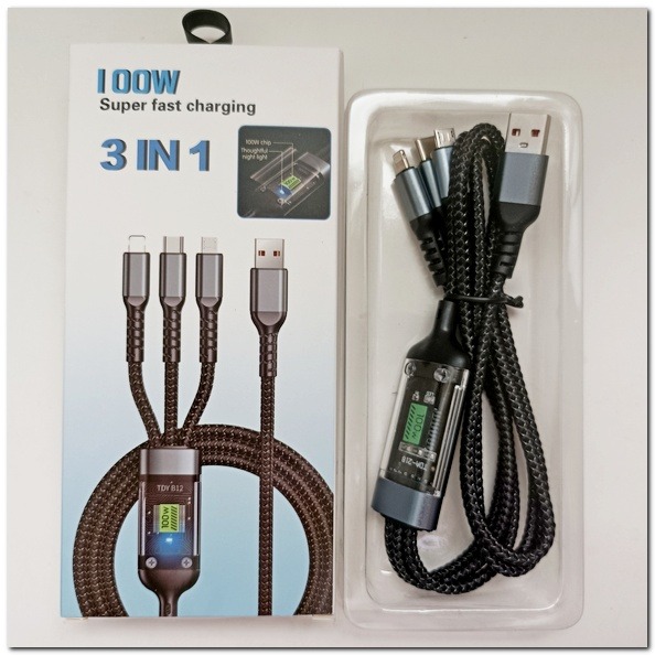 100W三合一 充電線 透明帶燈顯示 三合一充電線 安卓/Type-C 一拖三三合一充電線 安卓typec充電線-細節圖3