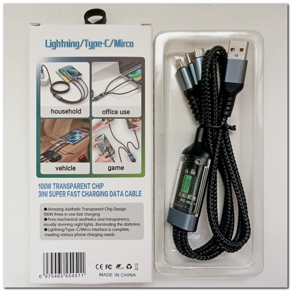 100W三合一 充電線 透明帶燈顯示 三合一充電線 安卓/Type-C 一拖三三合一充電線 安卓typec充電線-細節圖4