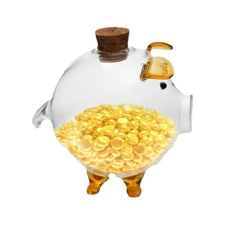 小豬金豆玻璃收納瓶 小金豆儲蓄罐 豬存錢罐 金豆存錢筒 黃金 小豬罐 玻璃豬 存小金豆 金豆玻璃收納瓶-細節圖4