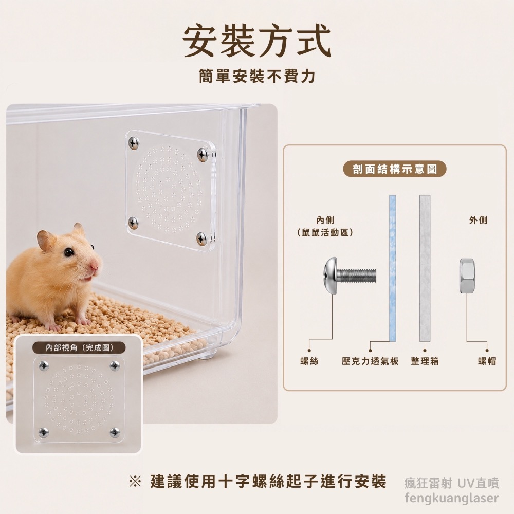 #雷射# 倉鼠 整理箱 DIY 改造 壓克力 透氣片 風扇網 通風網 K036 KT850(含4組不銹鋼螺絲螺帽)-細節圖2