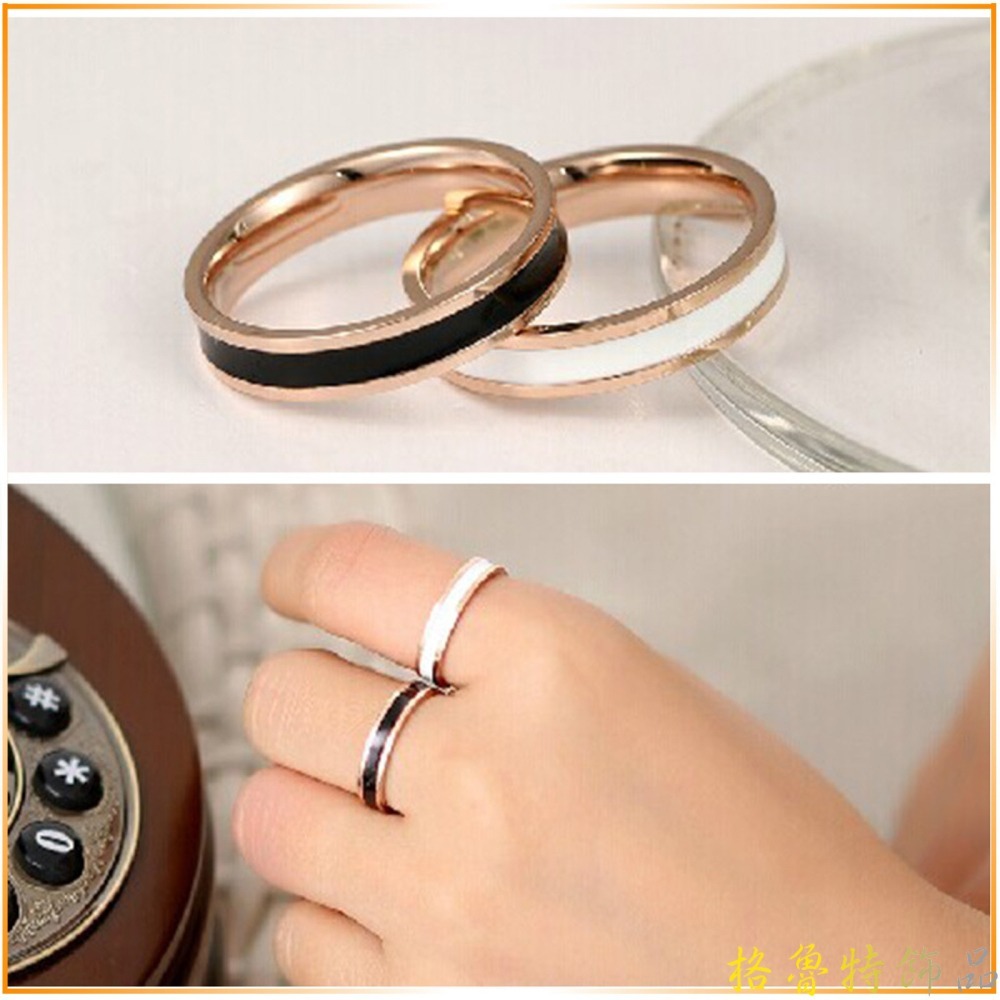 【格魯特】韓款黑白時尚滴膠戒指/玫瑰金戒指/鈦鋼戒指/情侶對戒/不生銹不退色抗過敏/GWR 138/ 2號戒指-細節圖4