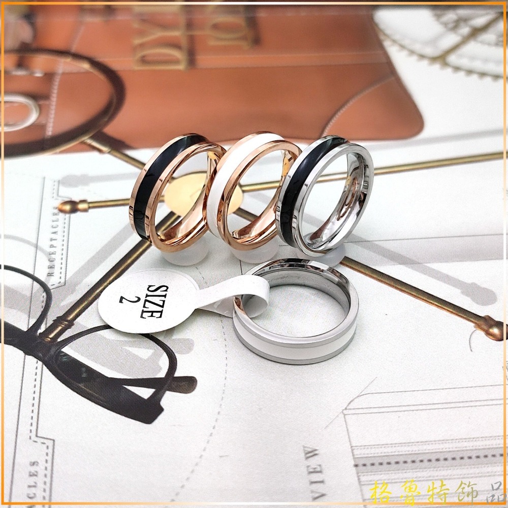 【格魯特】韓款黑白時尚滴膠戒指/玫瑰金戒指/鈦鋼戒指/情侶對戒/不生銹不退色抗過敏/GWR 138/ 2號戒指-細節圖7