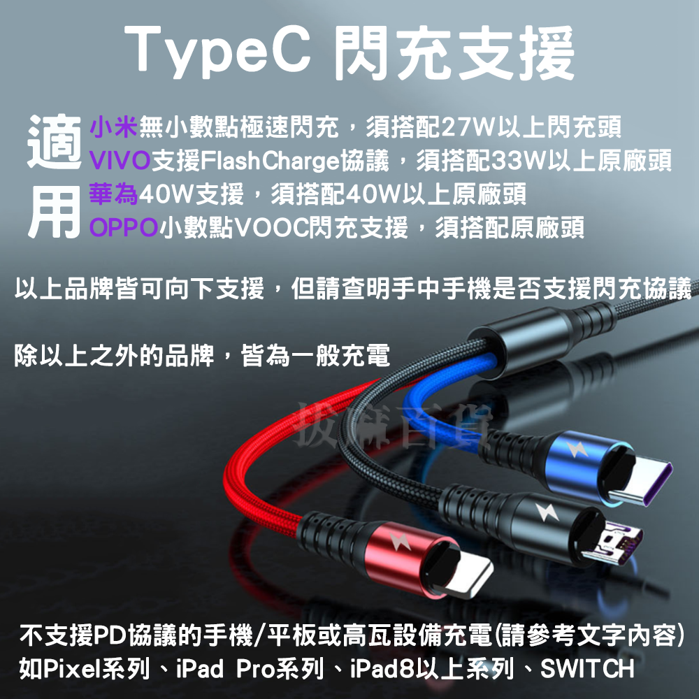 [現貨][台灣出貨]5A 充電線 一拖三 三色線 快充線 閃充線 TypeC 安卓 適用小米OPPO華為VIVO 快充-細節圖9