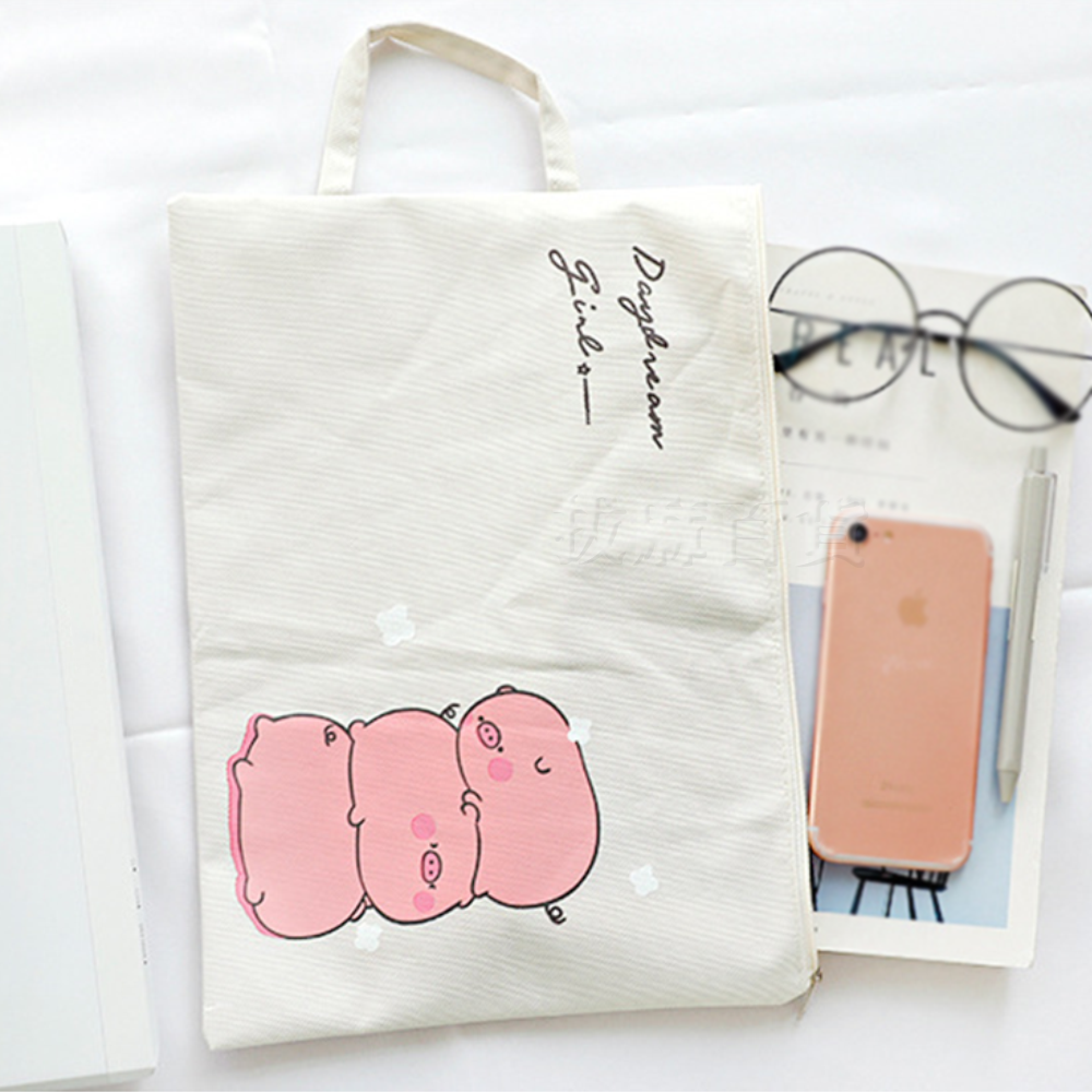 [現貨][台灣出貨]文件袋 拉鍊 A4 收納袋 帆布袋 資料袋 整理袋 萬用袋 豬豬圖案 化妝袋 學生 老師 辦公室-細節圖8