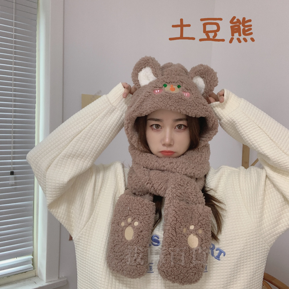 [現貨][台灣出貨]圍巾 兔耳圍巾 造型圍巾 交換禮物 禮品 造型耳朵 保暖 穿戴舒適 三合一圍巾 手套 披肩 三件套-細節圖5