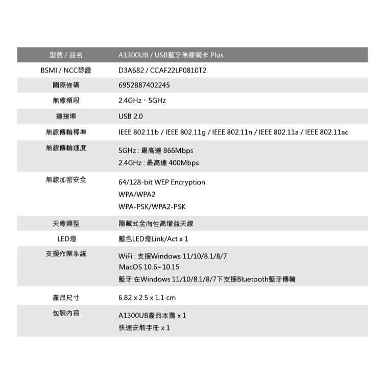 TOTOLINK A1300UB AC1300 USB雙頻WiFi 藍牙無線網卡-細節圖11