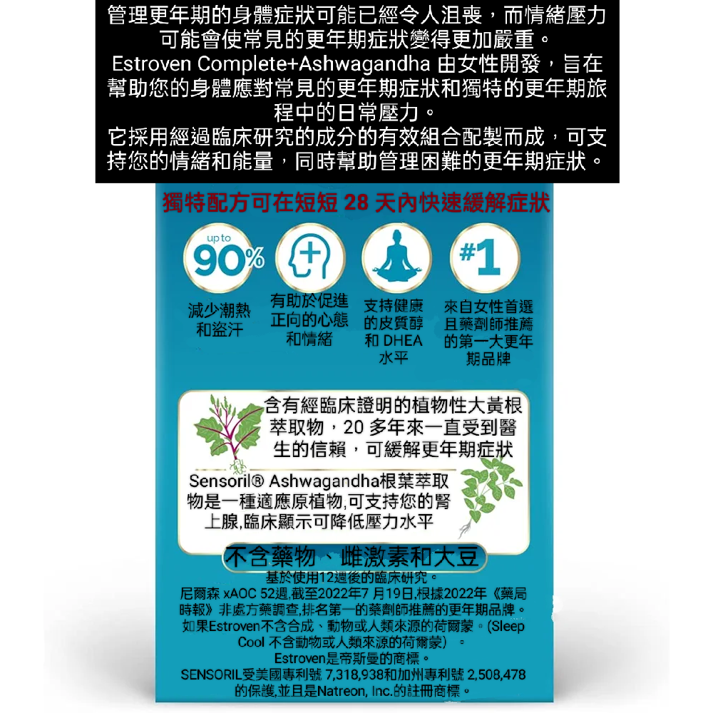 美國Estroven Complete + Ashwagandha 女性多症狀更年期補充劑60粒-經臨床驗證的成分可緩解-細節圖3
