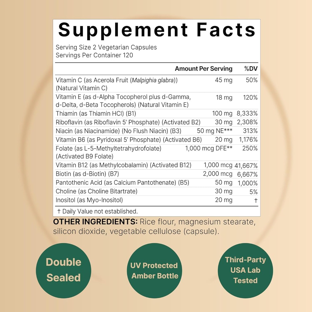 美國自然鐘NatureBell甲基化維生素 B群240 粒素食膠囊~B12、葉酸、生物素等並含天然維生素C E膽鹼和肌醇-細節圖2