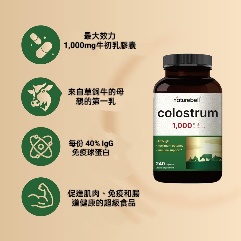 美國自然鐘NatureBell草飼牛初乳1,000mg. 40% IgG 免疫球蛋白~肌肉、免疫和腸道健康補充劑 – 非-細節圖2