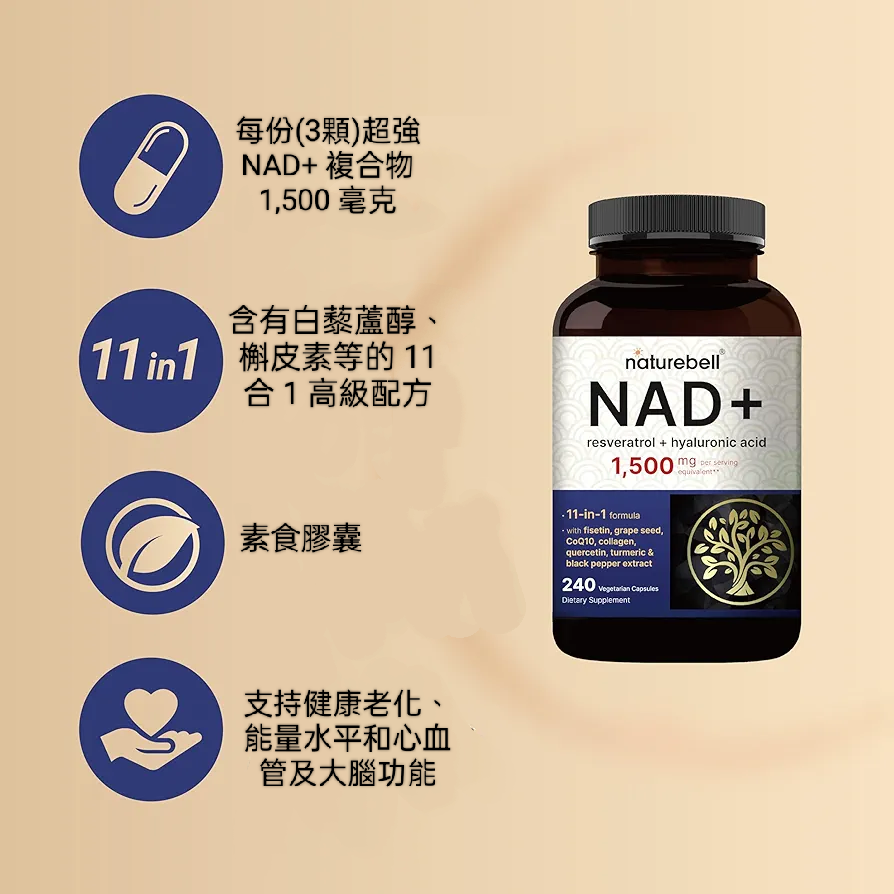 美國自然鐘NatureBell強效NAD+ 1500mg11合1 素食膠囊白藜蘆醇、透明質酸、槲皮素、非瑟酮、膠原蛋白等-細節圖2