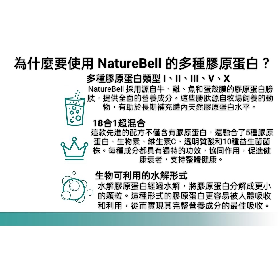 美國自然鐘NatureBell複合水解膠原蛋白(I、II、III、V、X 型)300粒含益生菌透明質酸和生物素支持髮膚關-細節圖4