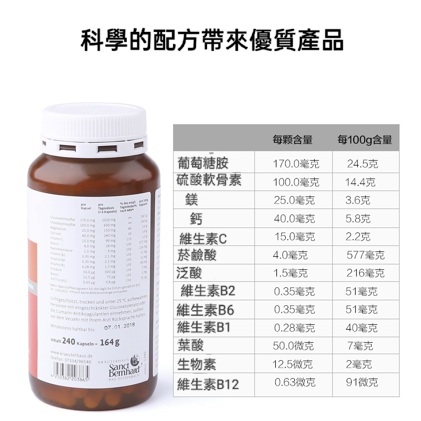 🇩🇪德國百年草本聖伯納德Sanct Bernhard關節靈~膠原蛋白氨基葡萄糖和軟骨素骨關節保護膠囊240粒-細節圖2