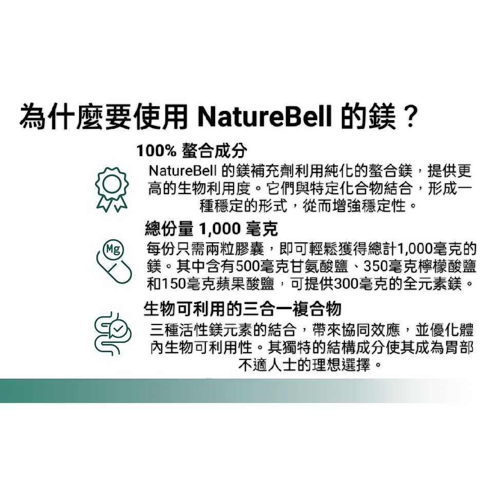 美國自然鐘NatureBell三重複合鎂1000mg含甘氨酸鹽檸檬酸鹽及蘋果酸鹽,螯合和純化 , 骨骼心臟和肌肉支持24-細節圖5