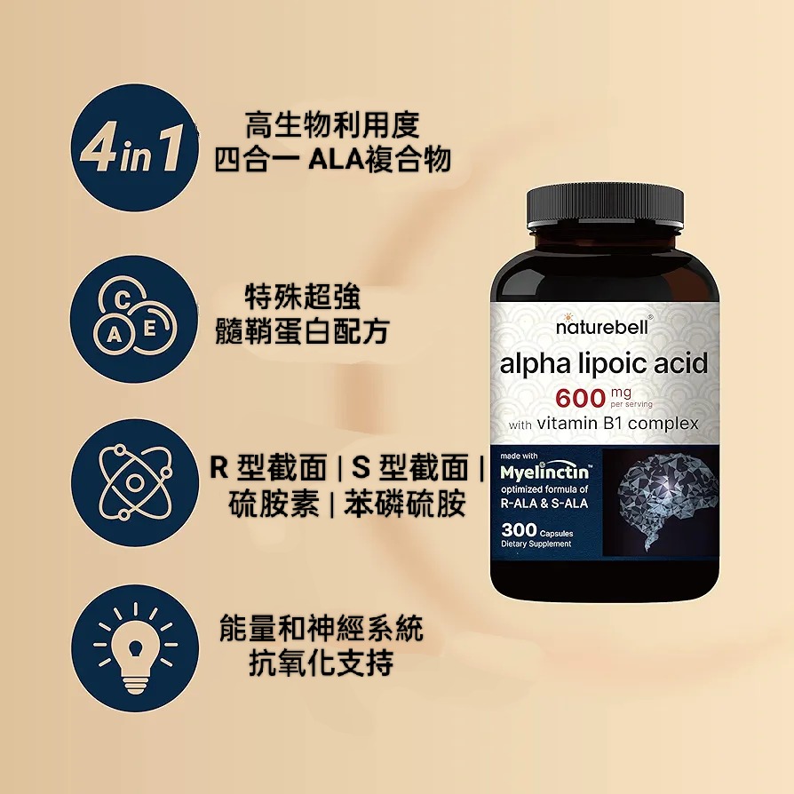 美國自然鐘NatureBell硫辛酸四合一髓鞘蛋白配方  600mg300粒，含R-ALA、S-ALA、硫胺素和苯磷硫胺-細節圖7