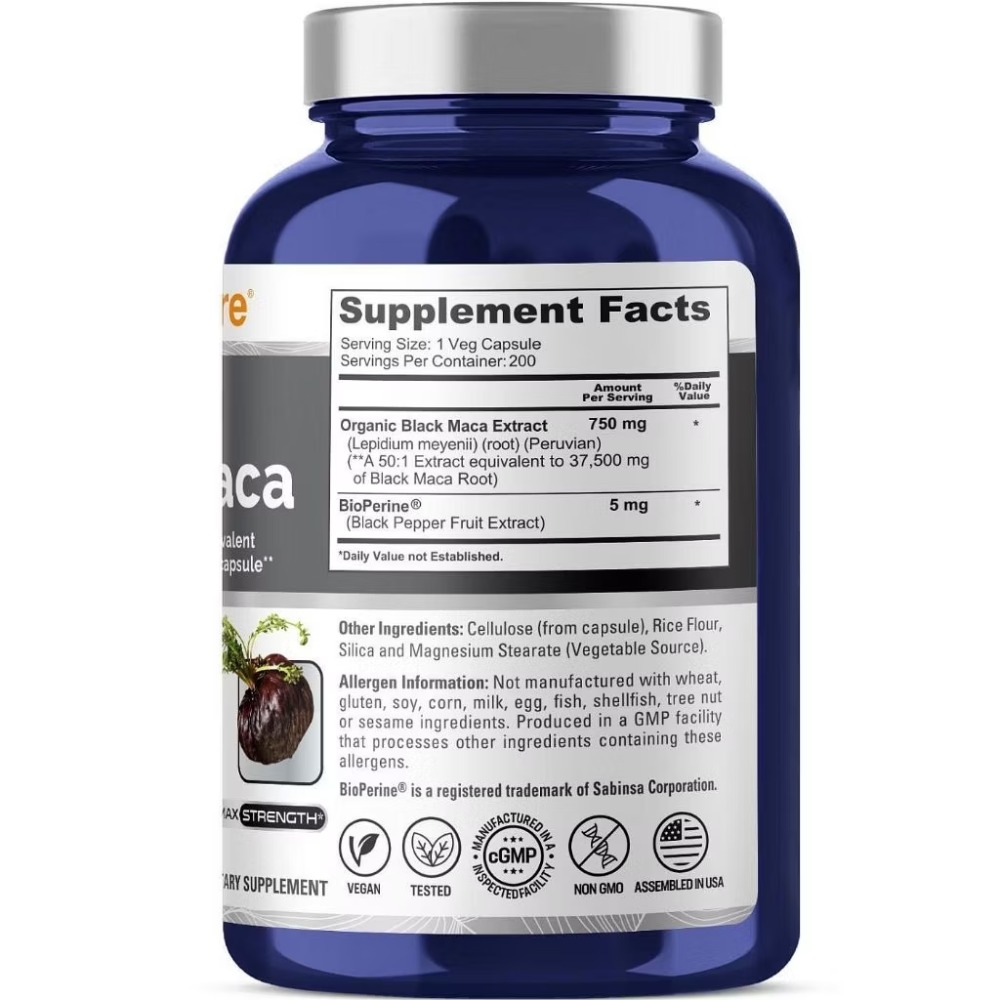 美國 Nusapure 最大強度,來自秘魯的瑪卡根提取物高濃度黑37,500mg200顆素食膠囊-細節圖2