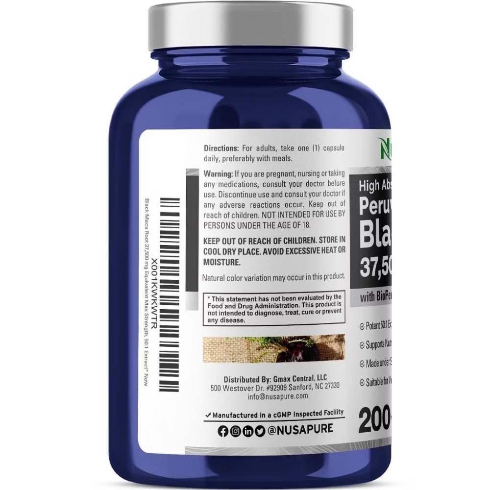 美國 Nusapure 最大強度,來自秘魯的瑪卡根提取物高濃度黑37,500mg200顆素食膠囊-細節圖3