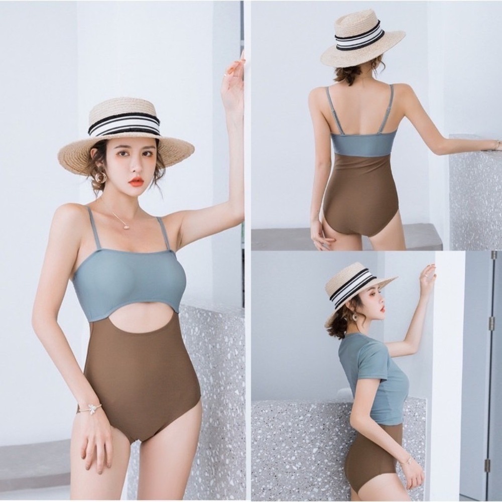 【A&R】韓版撞色連身二件式泳裝 三色任選 附防水手提袋 顏色隨機出(M-XL 短袖 度假風 沙灘包 收納袋)-細節圖2