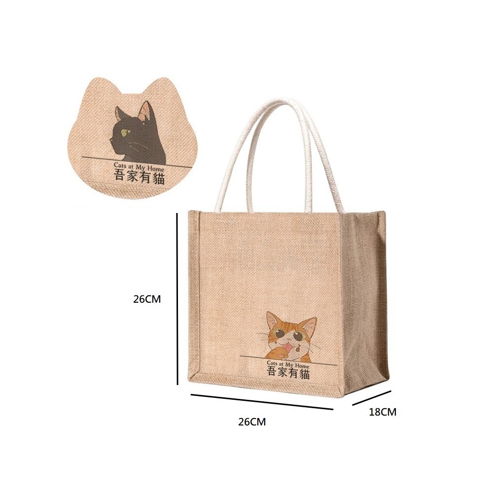 【A&R】吾家有貓無印風單貓雙面款手提袋 中款(俏皮 可愛 文青 簡約 防水 收納袋 便當袋 購物袋 環保袋)-細節圖3