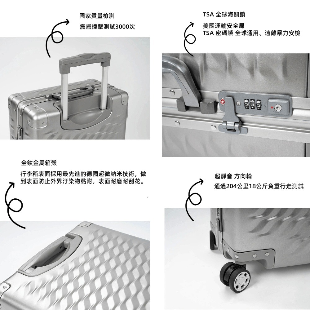 【A&R】鈦金屬 商務款20吋登機箱 銀河灰(全鈦 旅行箱 行李箱 輕量化 耐腐蝕 抗菌)-細節圖3