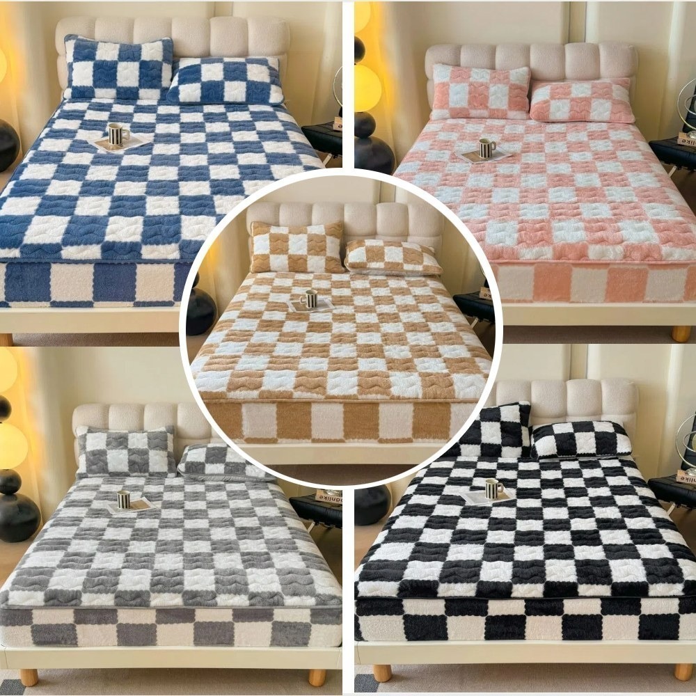 【A＆R】北歐簡約高質感 北極絨加厚床包枕套組 棋盤格款 150x200CM 五色(30CM高 床罩 單人加大 三件組)-細節圖2