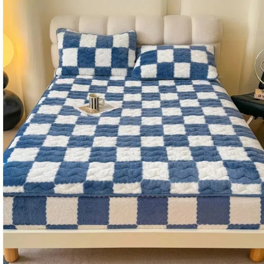 【A＆R】北歐簡約高質感 北極絨加厚床包枕套組 棋盤格款 150x200CM 五色(30CM高 床罩 單人加大 三件組)-規格圖7