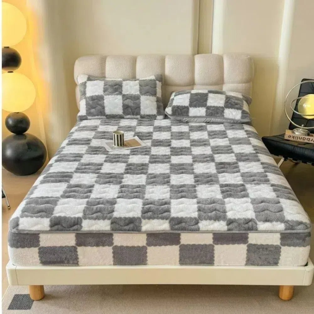 【A＆R】北歐簡約高質感 北極絨加厚床包枕套組 棋盤格款 150x200CM 五色(30CM高 床罩 單人加大 三件組)-規格圖7