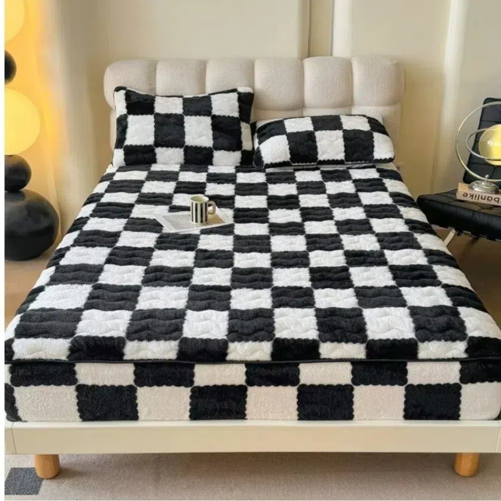 【A＆R】北歐簡約高質感 北極絨加厚床包枕套組 棋盤格款 150x200CM 五色(30CM高 床罩 單人加大 三件組)-規格圖7