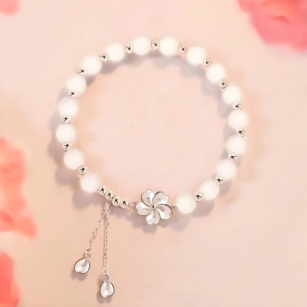 【A&R】S925純銀小桃花和田玉銀珠水晶手鍊附精美禮盒(招桃花 好人緣 平安 手珠 串珠 情人節 生日 禮物)-細節圖2