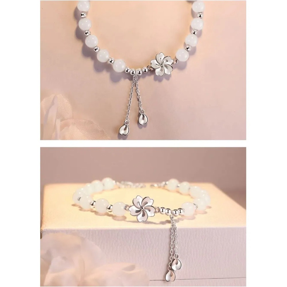 【A&R】S925純銀小桃花和田玉銀珠水晶手鍊附精美禮盒(招桃花 好人緣 平安 手珠 串珠 情人節 生日 禮物)-細節圖5