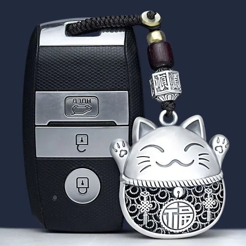 【A&R】招財開運六順銅鍍銀招財貓造型掛飾鑰匙圈(包包掛飾 轉運掛飾 包包吊飾)-細節圖2