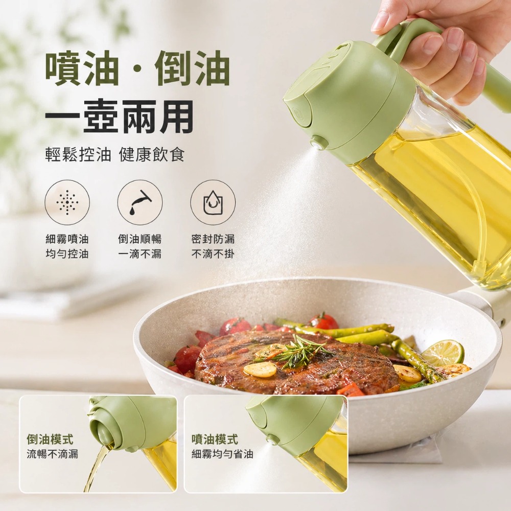 【A&R】雙控噴倒玻璃油壺 470ml 四色任選 (一壺兩用 噴油 倒油 噴霧 油霧 順暢出油 防漏油嘴)-細節圖2
