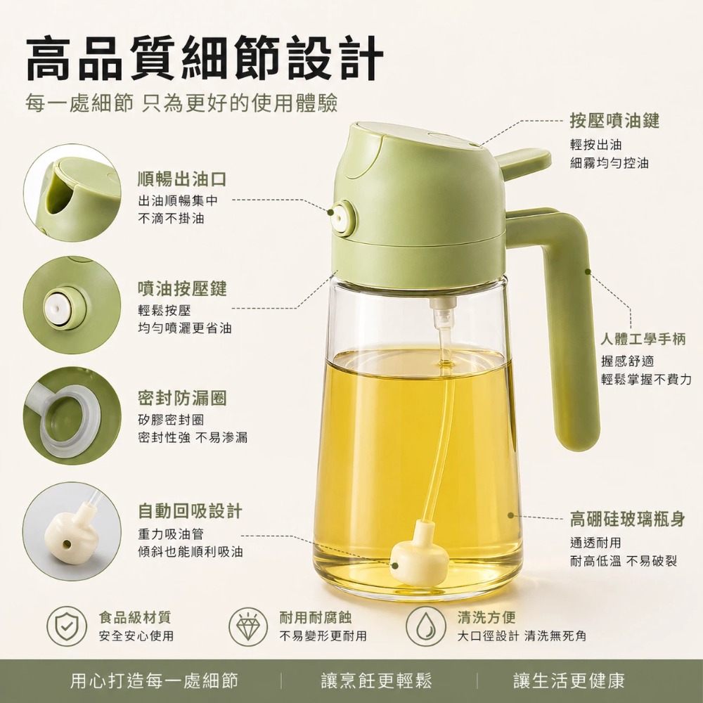 【A&R】雙控噴倒玻璃油壺 470ml 四色任選 (一壺兩用 噴油 倒油 噴霧 油霧 順暢出油 防漏油嘴)-細節圖5
