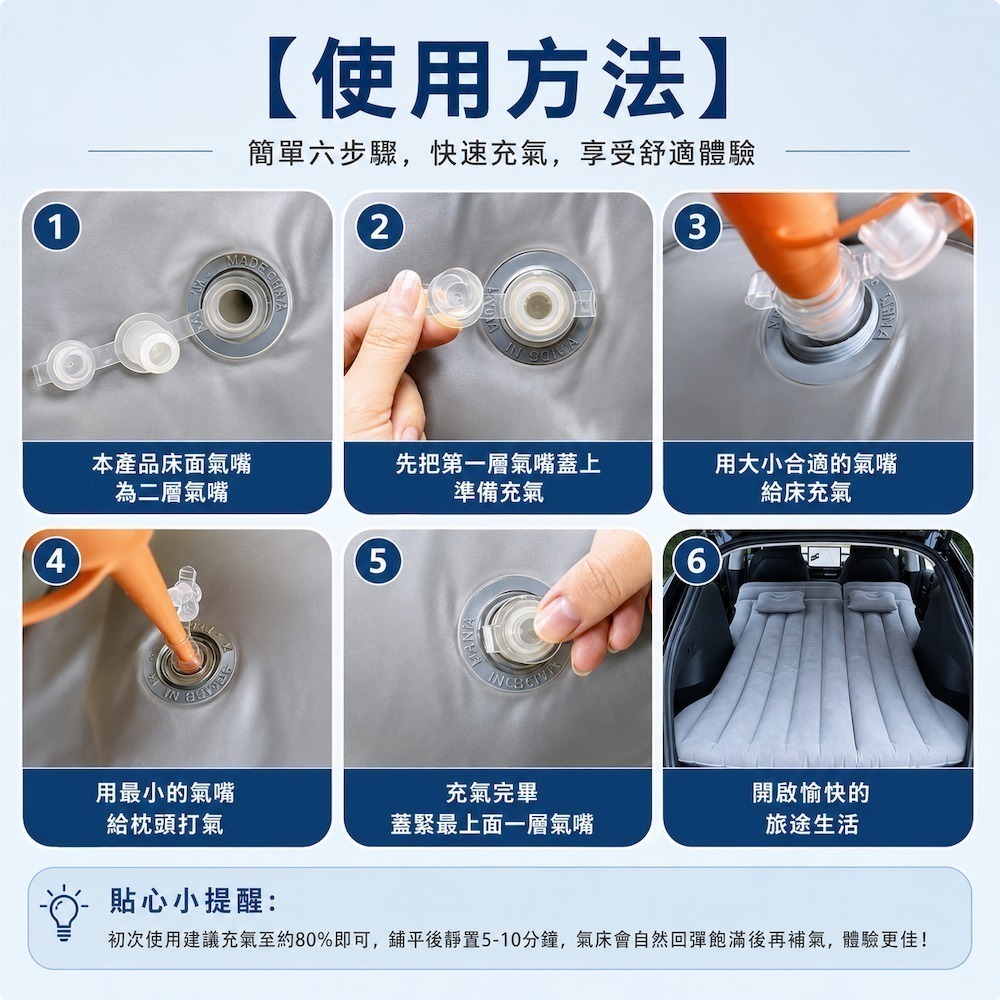 【A&R】雲眠尊享植絨加厚雙人充氣床墊 特斯拉 Model3/Y專用款(車床墊 氣墊 睡墊 旅行床 露營野餐 打氣床墊)-細節圖6