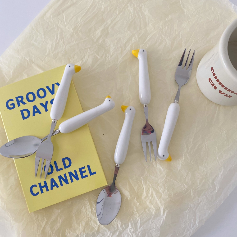 鴨子餐具 鴨鴨湯匙 304不鏽鋼 叉子 湯勺 攜帶餐具 現貨商品 隨身餐具 可愛餐具 外出餐具 卡通勺子環保餐具-細節圖2