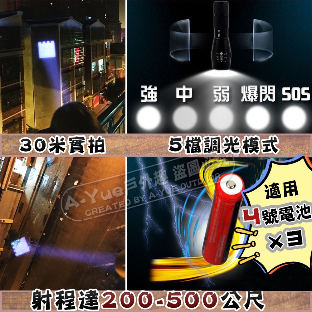 【A-Yue戶外趣】T6強光手電筒 伸縮調焦 LED照明 多檔調光 夜遊 充電手電筒 防身戰術 伸縮手電筒 露營燈 登山-細節圖3