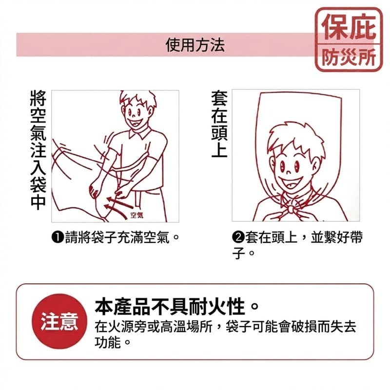 ｜保庇防災所｜日本製 防煙面罩1入 逃生頭套 火災避難 一氧化碳 呼吸袋 防吸入煙霧 防災物資 防毒氣面罩 防煙頭套-細節圖3