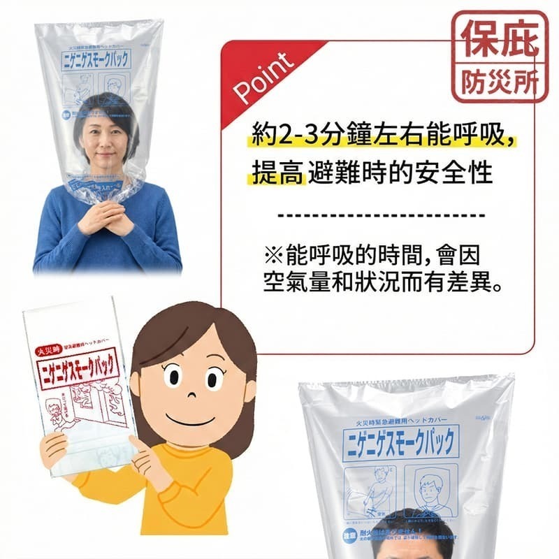｜保庇防災所｜日本製 防煙面罩1入 逃生頭套 火災避難 一氧化碳 呼吸袋 防吸入煙霧 防災物資 防毒氣面罩 防煙頭套-細節圖7