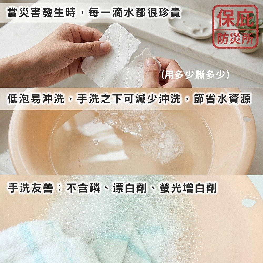 ｜保庇防災所｜攜帶型洗衣片4入 防災用省水 隨身洗衣精 露營洗衣 衣物除臭抗菌 柔軟精 洗劑隨身包 除菌洗衣紙 洗衣-細節圖2