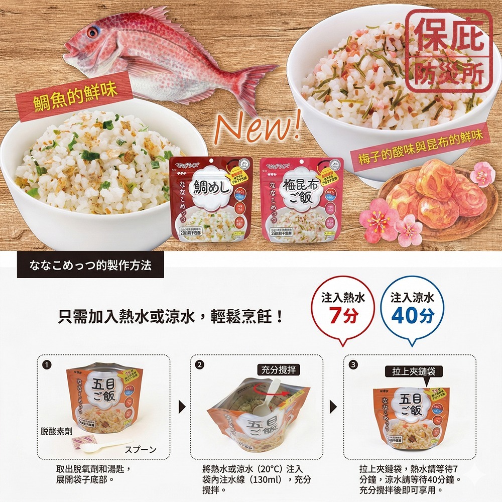 ｜保庇防災所｜７分鐘最速泡！７年保存 佐竹魔法米飯 即食沖泡飯 登山補給 露營 防災糧食 昆布飯 飯糰 戰備糧 乾燥飯-細節圖3