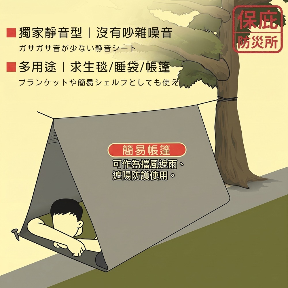 ｜保庇防災所｜靜音型３用途 簡易帳篷 帳篷/保暖毯/睡袋 救生毯 避難包 防災 露營 登山防寒 戶外防風 太空毯 求生-細節圖2