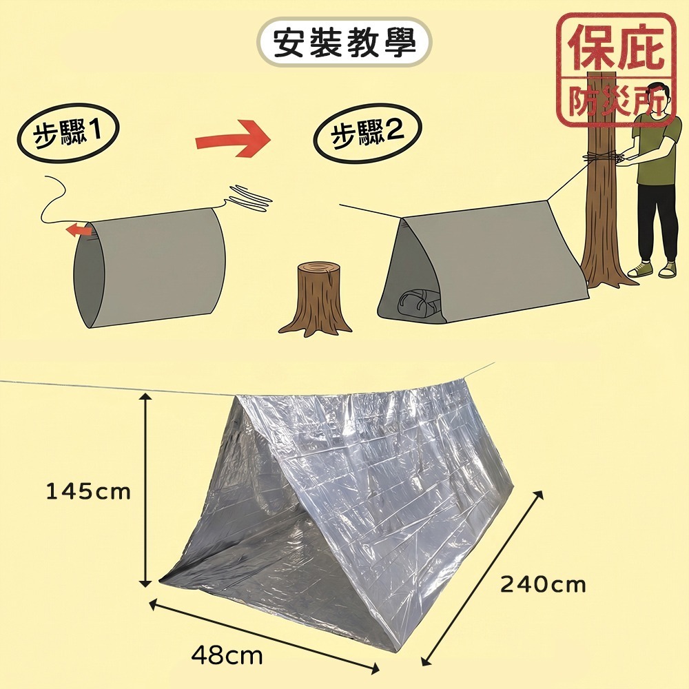｜保庇防災所｜靜音型３用途 簡易帳篷 帳篷/保暖毯/睡袋 救生毯 避難包 防災 露營 登山防寒 戶外防風 太空毯 求生-細節圖3