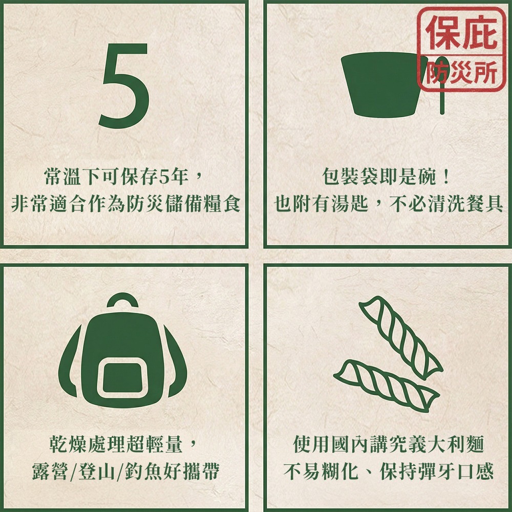 ｜保庇防災所｜5年保存 佐竹魔術義大利麵 防災食品 沖泡義大利麵 乾糧 乾燥飯 泡麵 長期保存 登山露營 日本防災食物-細節圖6