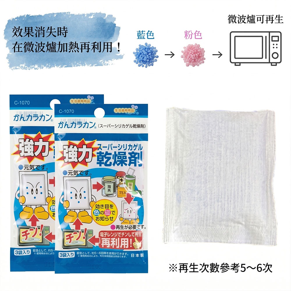 ｜保庇防災所｜日本製×重複使用 變色乾燥劑3入 食品防潮 相機除溼 防災食品乾燥 餅乾防潮濕 乾燥包 除濕劑 食品級-細節圖4