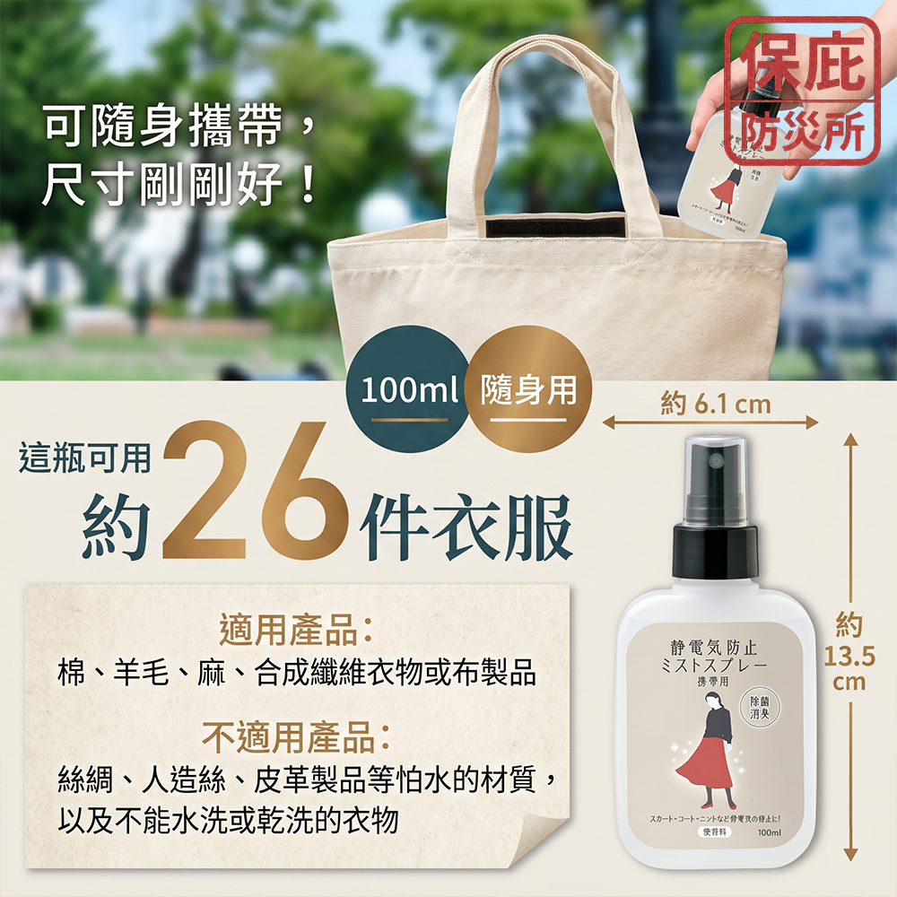 ｜保庇防災所｜日本製 防靜電噴霧100ml 隨身瓶 消除靜電 去靜電噴霧 衣物除臭 除菌 抗靜電 防止靜電 消除靜電瓶-細節圖6