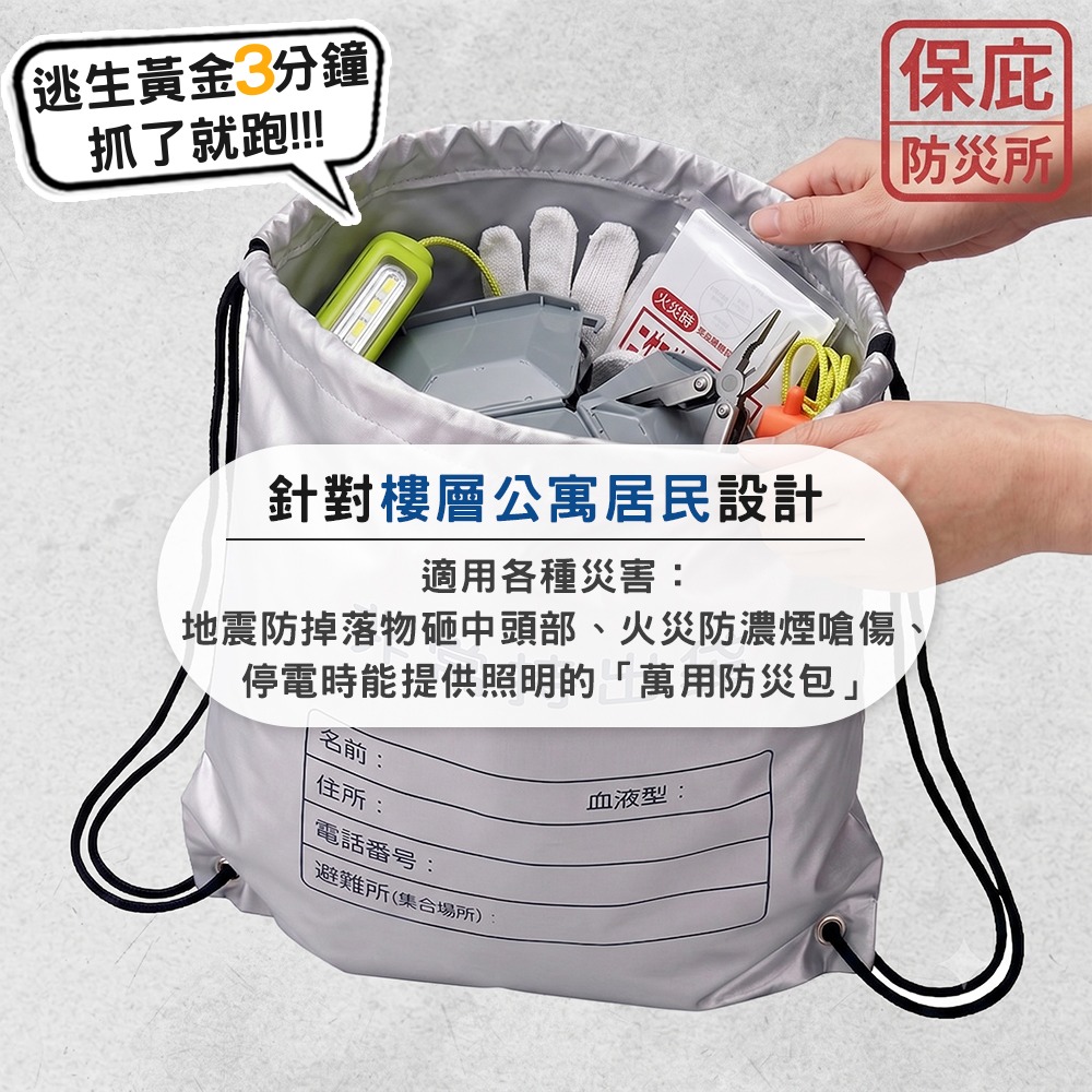 ｜保庇防災所｜黃金3分鐘！逃生保庇箱 防災包 地震包 安全帽頭盔 防煙面罩 頭燈 救生哨 手套 繩子 工具鉗 避難包-細節圖2