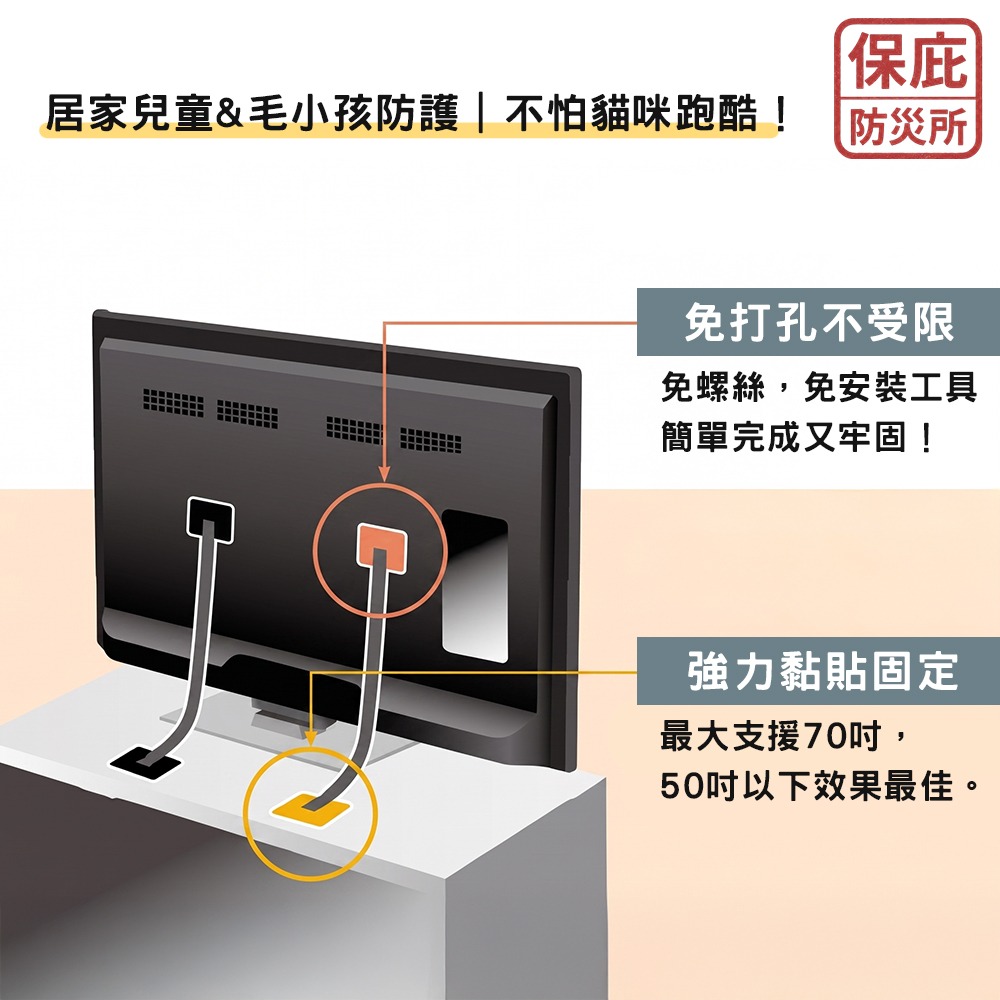 ｜保庇防災所｜日本製7級抗震 電視固定帶 黏貼式免螺絲 防傾倒固定 電視防倒 電視安全鎖 電器防倒 抗震固定 簡單安裝-細節圖5