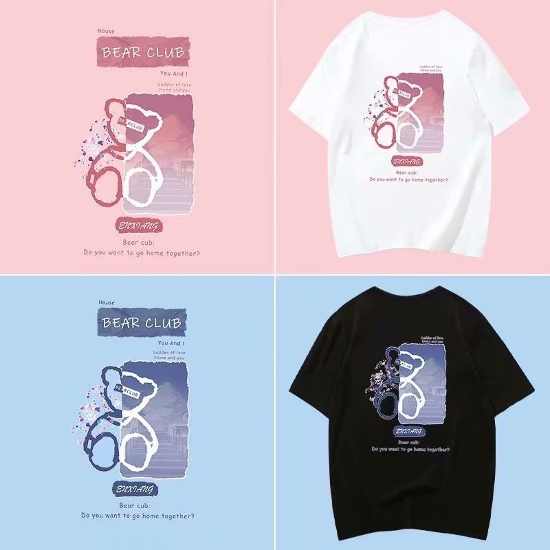 地下室-情侶短T恤 韓版小熊塗鴉印花五分袖寬鬆OVERSIZE短袖上衣【NL621280】-細節圖3
