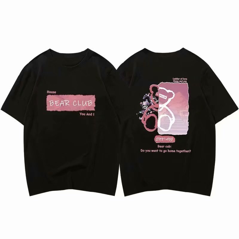 地下室-情侶短T恤 韓版小熊塗鴉印花五分袖寬鬆OVERSIZE短袖上衣【NL621280】-細節圖5