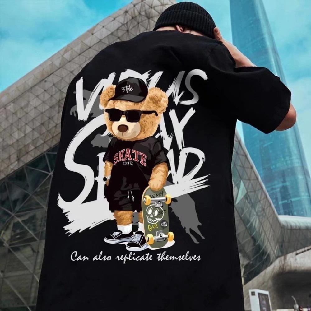 地下室-短袖T恤 韓版嘻哈滑板小熊 大尺碼 8XL 寬鬆 五分袖上衣【NL622174】-細節圖3
