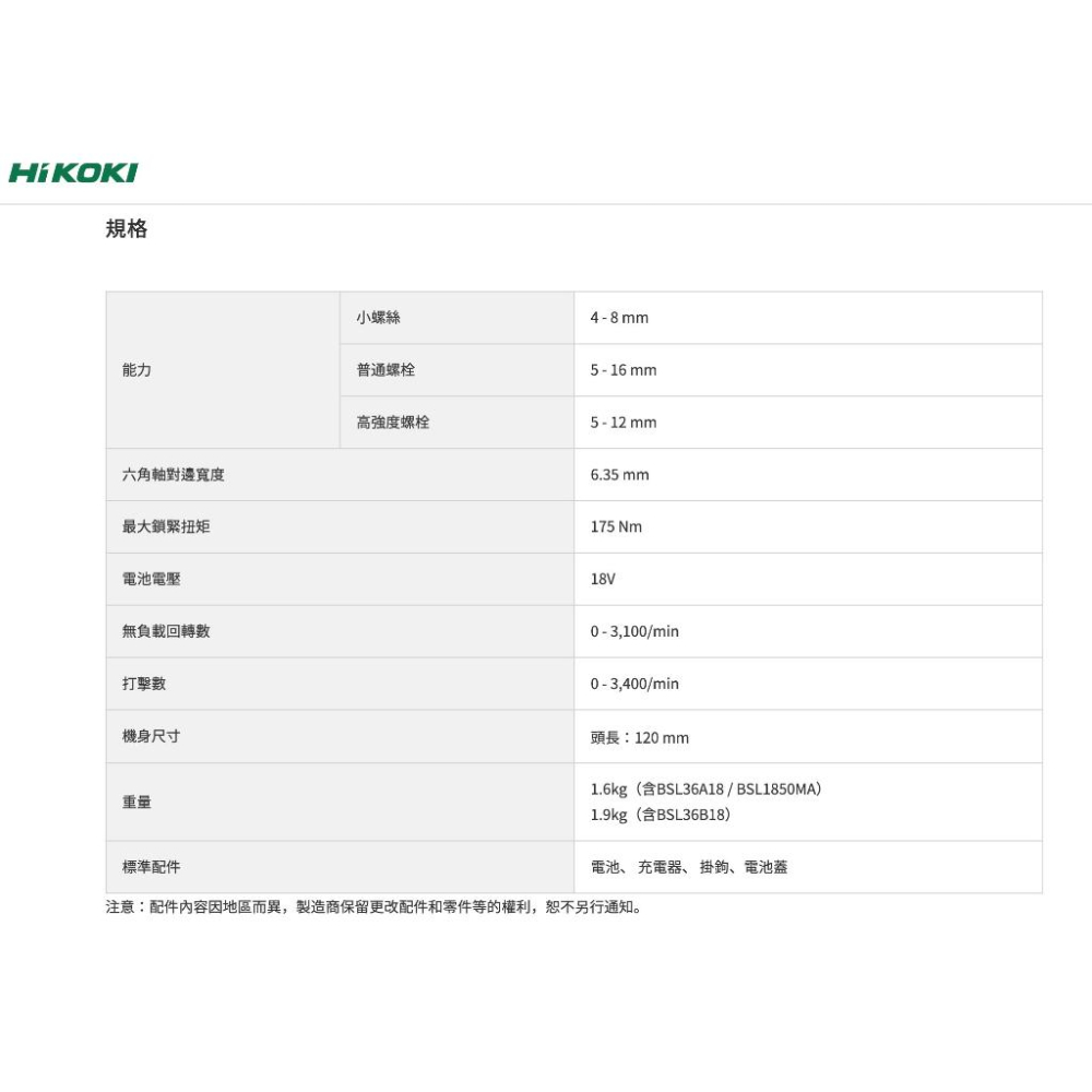 【台北益昌】HIKOKI  WH18DE 18V 無刷 衝擊起子 5.0 AH 電池*2-細節圖2